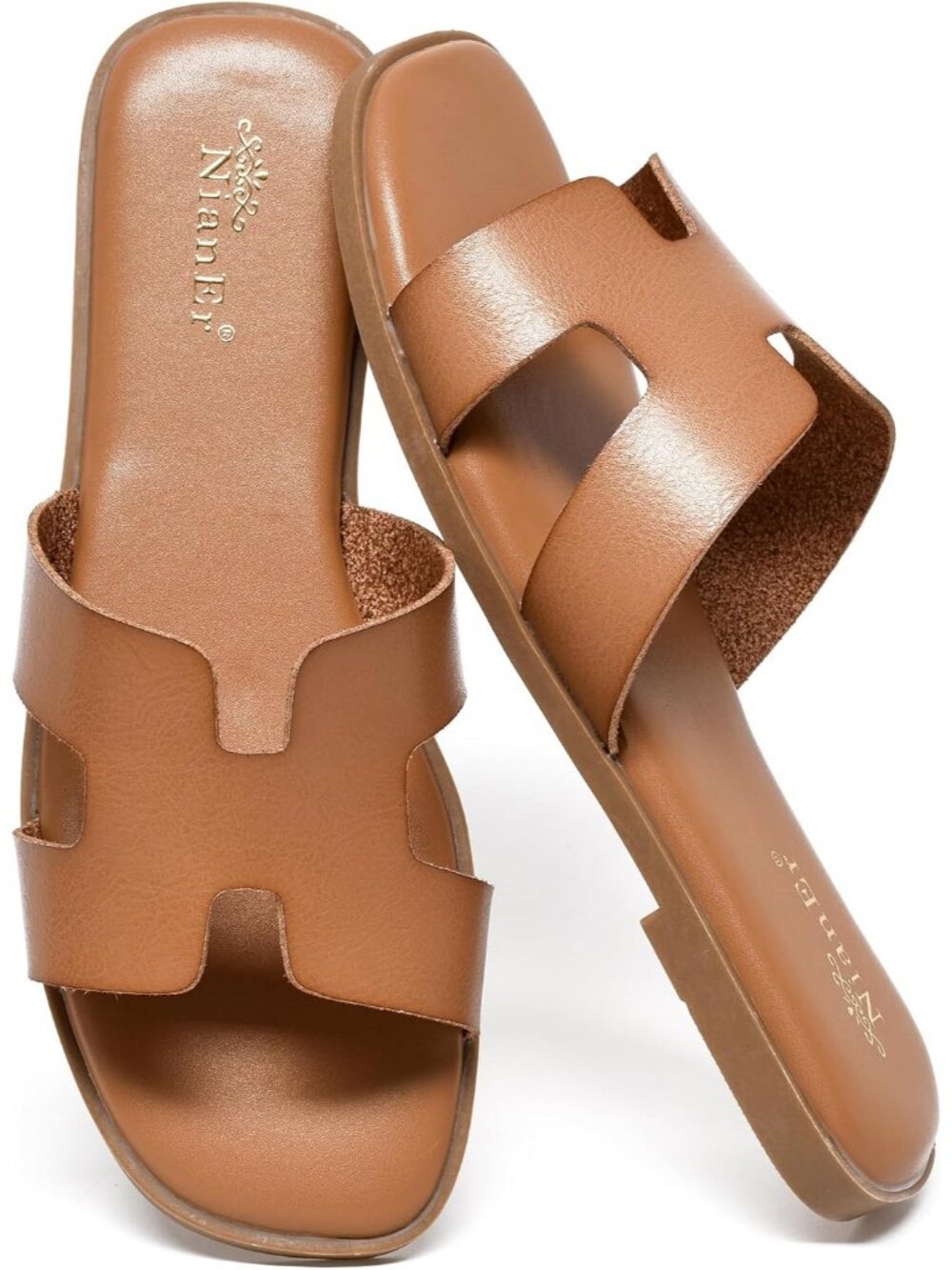 NianEr Women's Khaki Leather Comfortable Casual Summer Flats Sandals Shoes